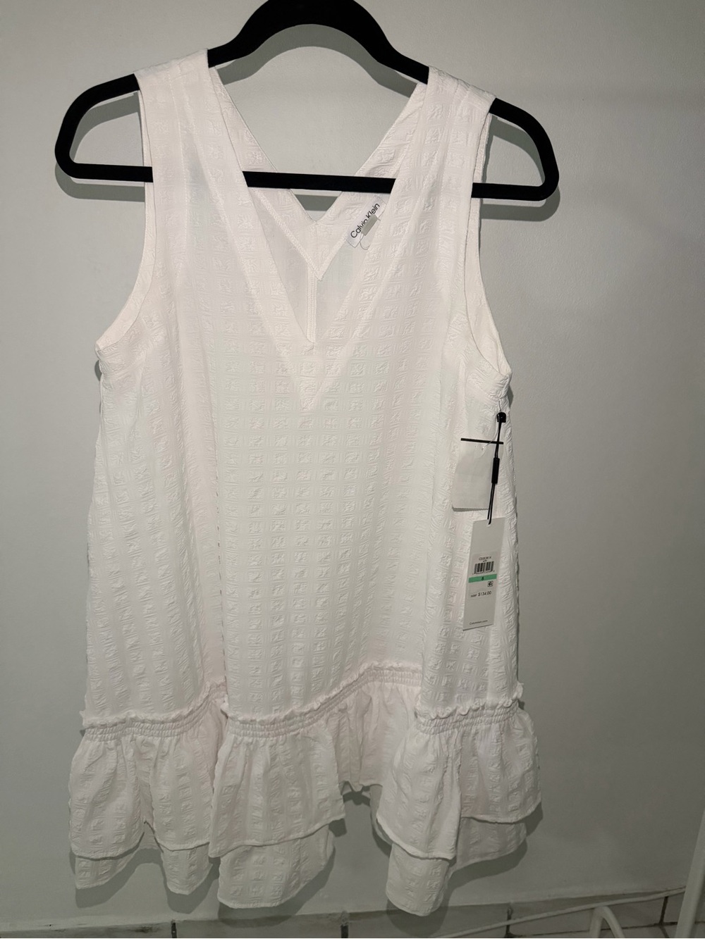 Calvin Klein White Textured V-Neck Ruffle Hem Tank Dress